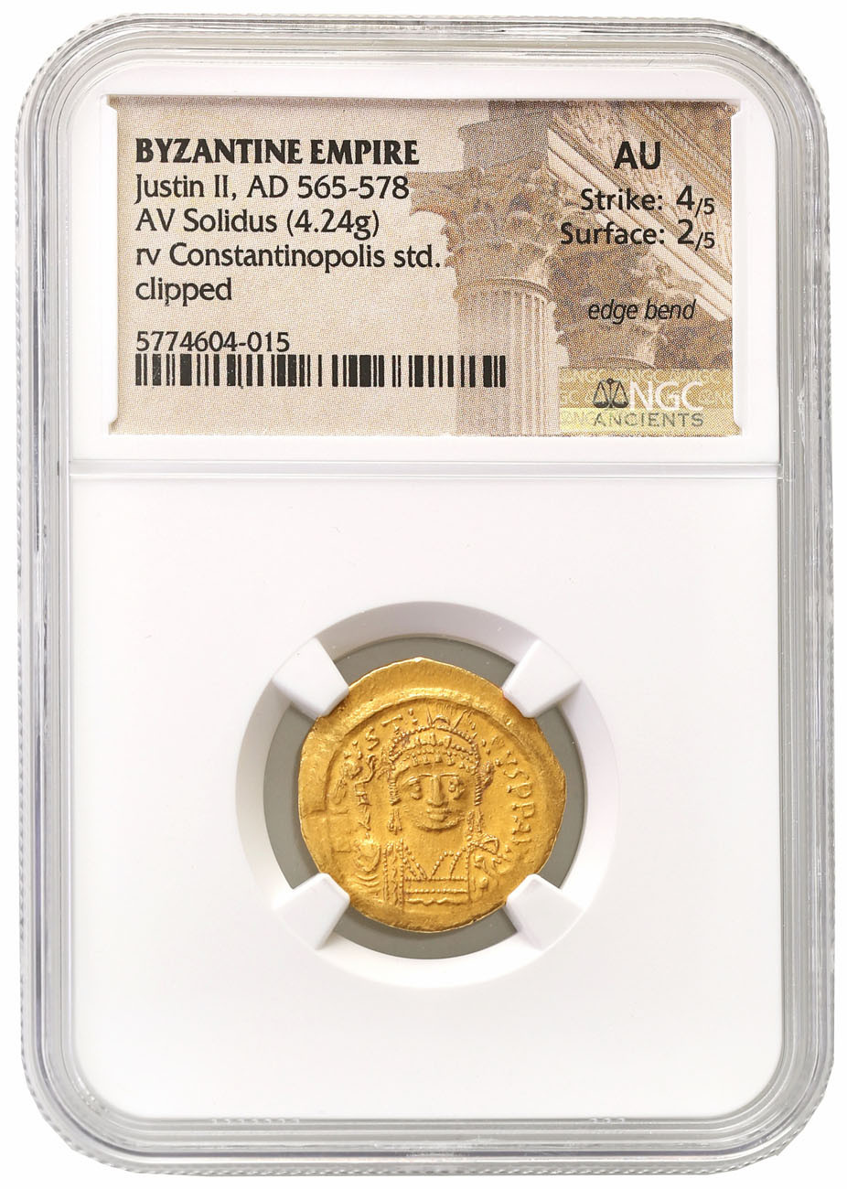 Bizancjum. Justin II (565-578). Solidus 567-578, Konstantynopol NGC AU 4/5 2/5